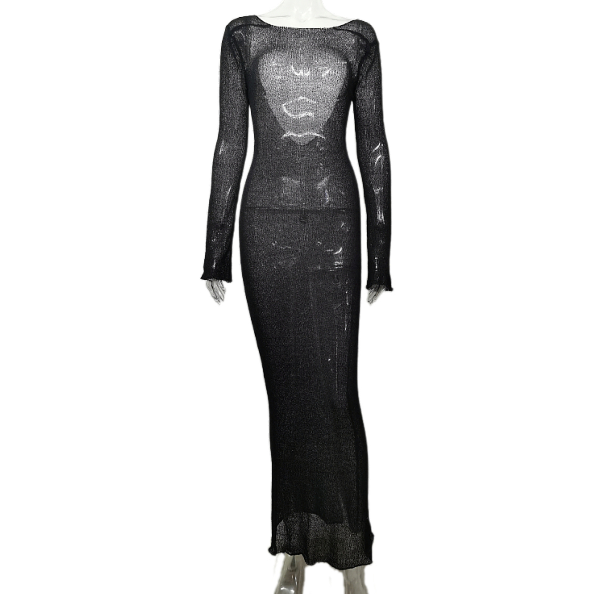 2024 Summer European and American Style New Arrival Perspective Sexy Vacation Blouse Large Backless Solid Color Long Sleeve Knitted Long Dress Women's Clothing