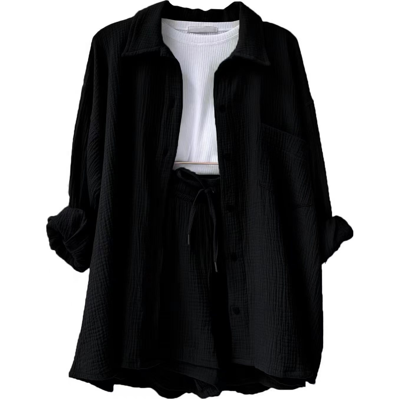 2023  European and American Women's Wrinkled Lapel Long Sleeve Shirt High Waist Drawstring Shorts Fashion Casual Two-Piece Set_voghion.com