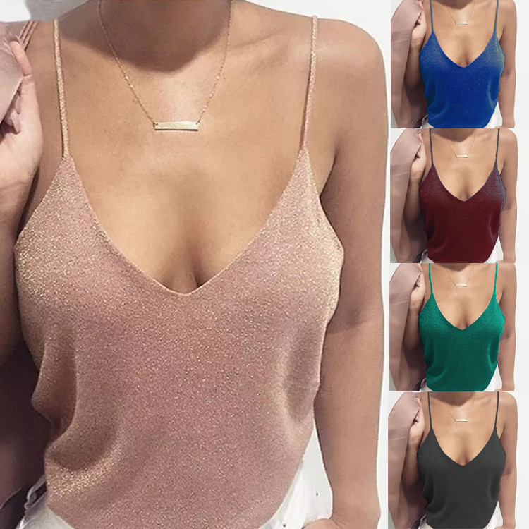 Cross-border Foreign Trade 2022 European and American New Women's Solid Color Deep V-neck Sexy Sling Tight Casual Vest T-shirt for Women
