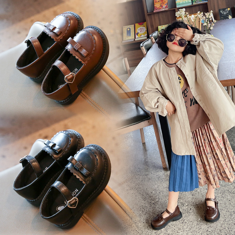 Girls' Leather Shoes 2023 Spring and Autumn New Children's Soft-soled Princess Shoes Large Children's Spring and Autumn English Style Black Single-layer Shoes