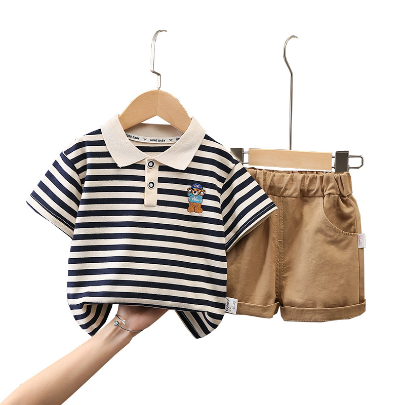 Children's clothing New Fashion children's baby two-piece short sleeve embroidered letter striped suit 01-2-3-4-5 years old half