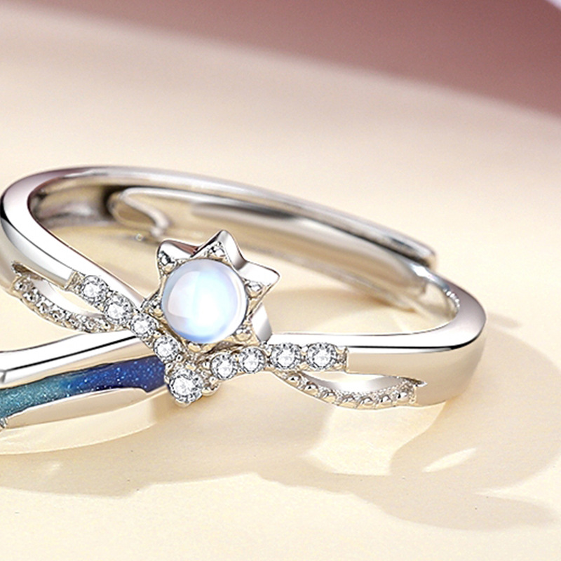 Design originale Incontra Starlight Couple Anello in argento sterling Anello coreano con pietra di luna Anello con zircone micro-intarsiato_voghion.com