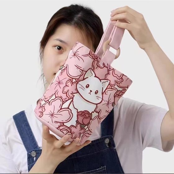 Original ins illustration portable bucket bag handbag hand carrying out snack canvas bag cute out small handbag