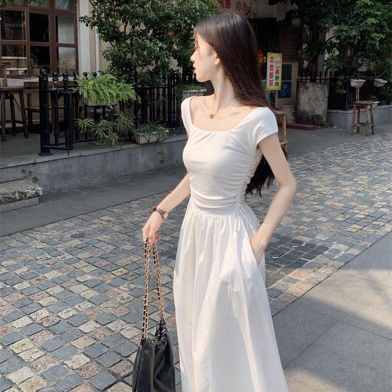 Simple style this year's popular beautiful vest dress women's summer Fishbone pleated waist mid-length dress fashion