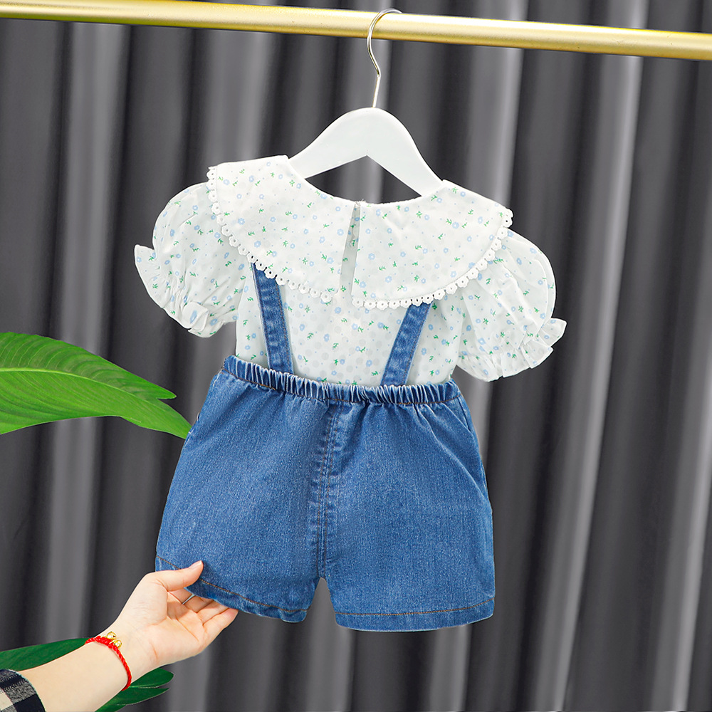 3118 Summer New Children's Cute Floral Short-sleeved T-shirt Strap Shorts Two-piece Set Children's Women's Hair