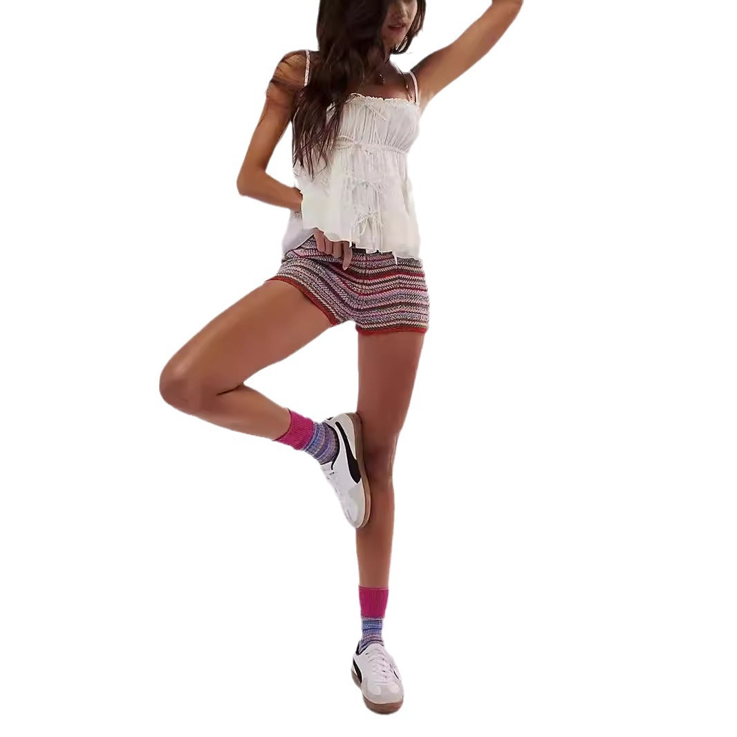 2024New Summer Dopamine Wear Slim-fit Rainbow Stripe Casual Sports Contrast Color Shorts Hot Pants for Women