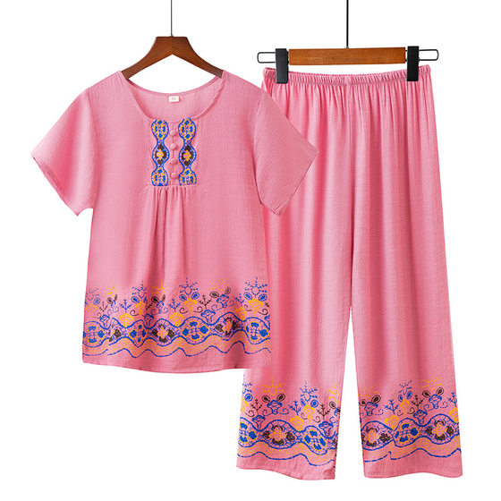 Cotton and Linen Mother's Pajamas Women's Summer Short-sleeved Suit Summer Thin Casual Home Clothes for Middle-aged and Elderly