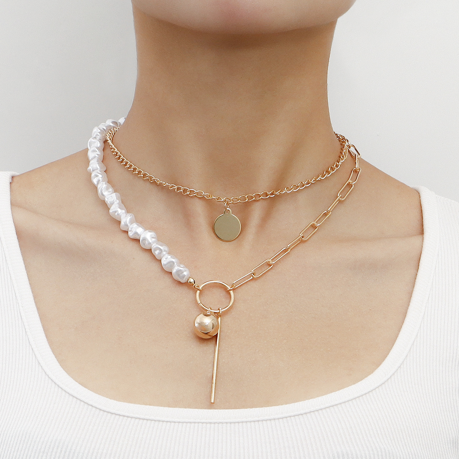 Europe and the United States cross-border jewelry stitching chain Imitation Baroque shaped pearl necklace geometric ball long stick pendant neck chain