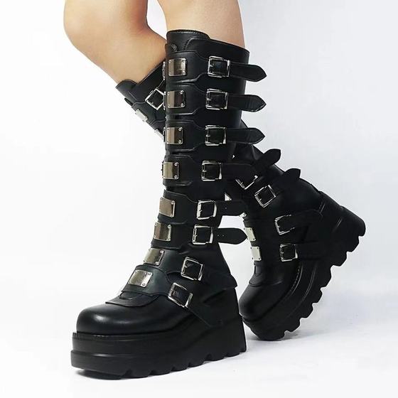 Independent station Foreign trade boots 2023 new European and American metal buckle with thick bottom high boots Women's Amazon plus size women's boots