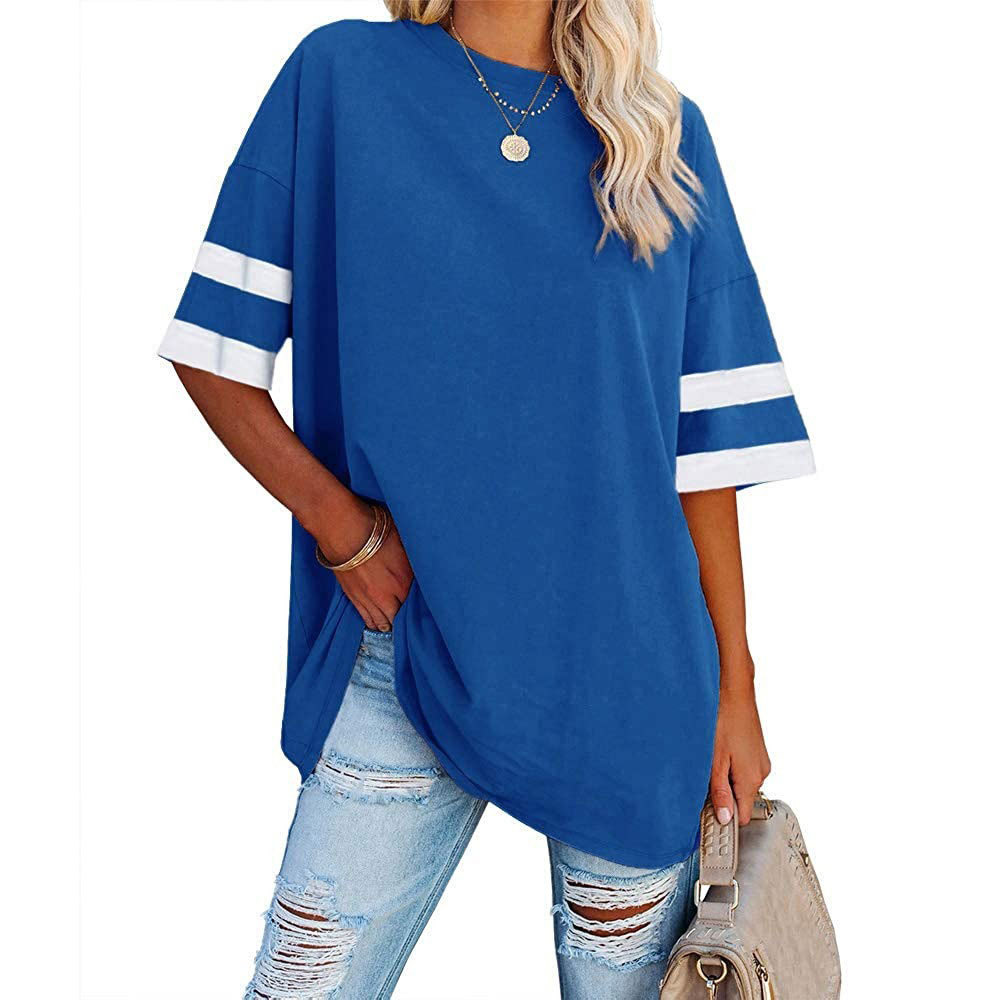 2022 Amazon Cross-border Women's Top European and American Loose Half-sleeve Crewneck Contrast Waist Large Size Chubby T-shirt for Women