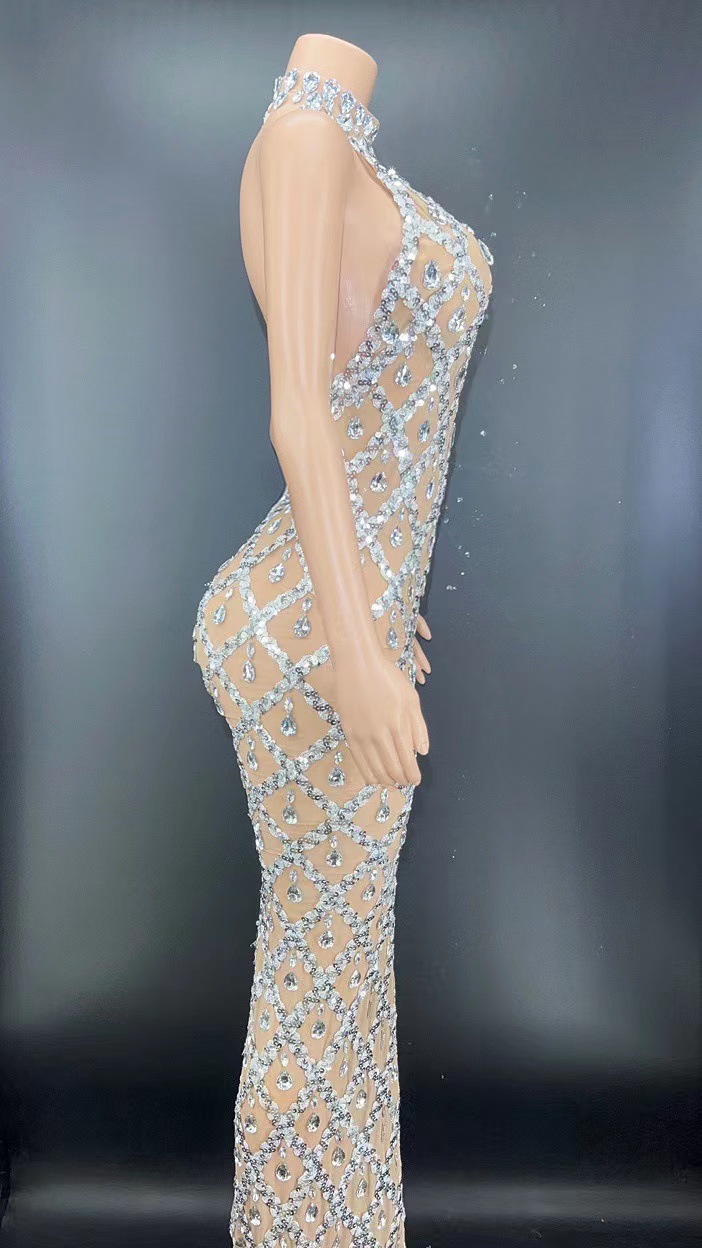 Cross-border Sexy Shiny Rhinestone silver dress plus size Women's Evening Dress Neck-hanging Fishtail Long Dress Sleeveless