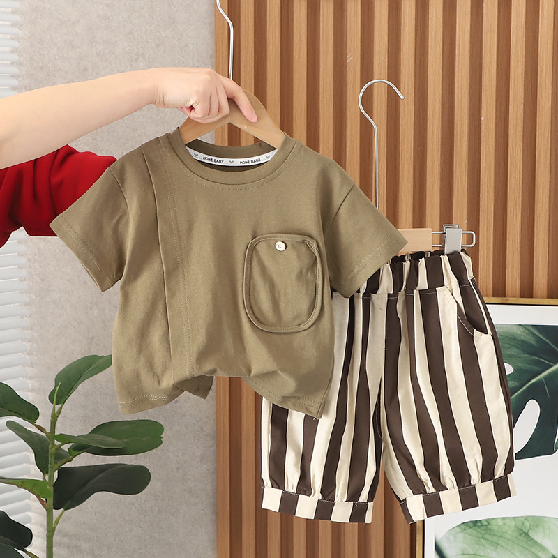 Summer boys suit Korean version  new solid color round neck T-shirt two-piece set striped bloomer suit wholesale