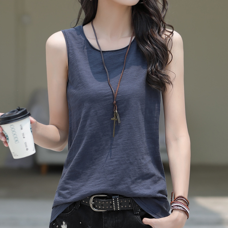Slub Cotton Sleeveless T-Shirt Women's Vest Outer Wear 2023 New Summer Cotton Base Shirt All-match Loose Top