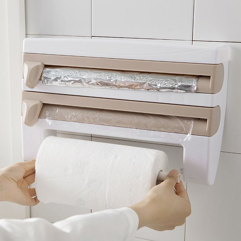 Kitchen storage rack with cling film cutter, aluminum foil, BBQ paper holder, paper towel holder, and towel storage rack