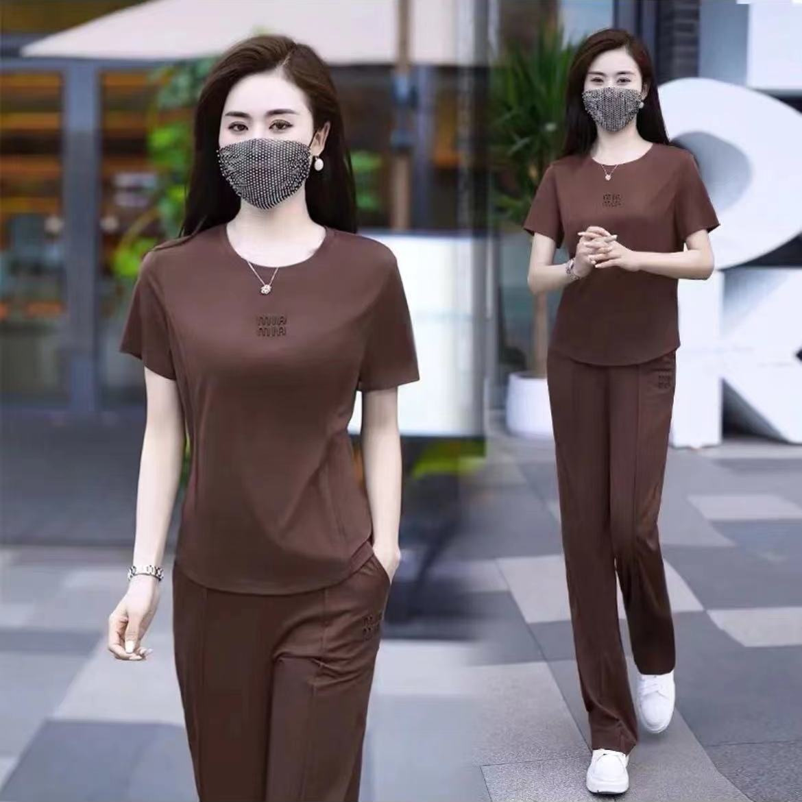 Popular Round Neck Sports Casual Suit Women's 2023 Summer New Fashionable Loose Slimming Straight Pants Two-piece Set