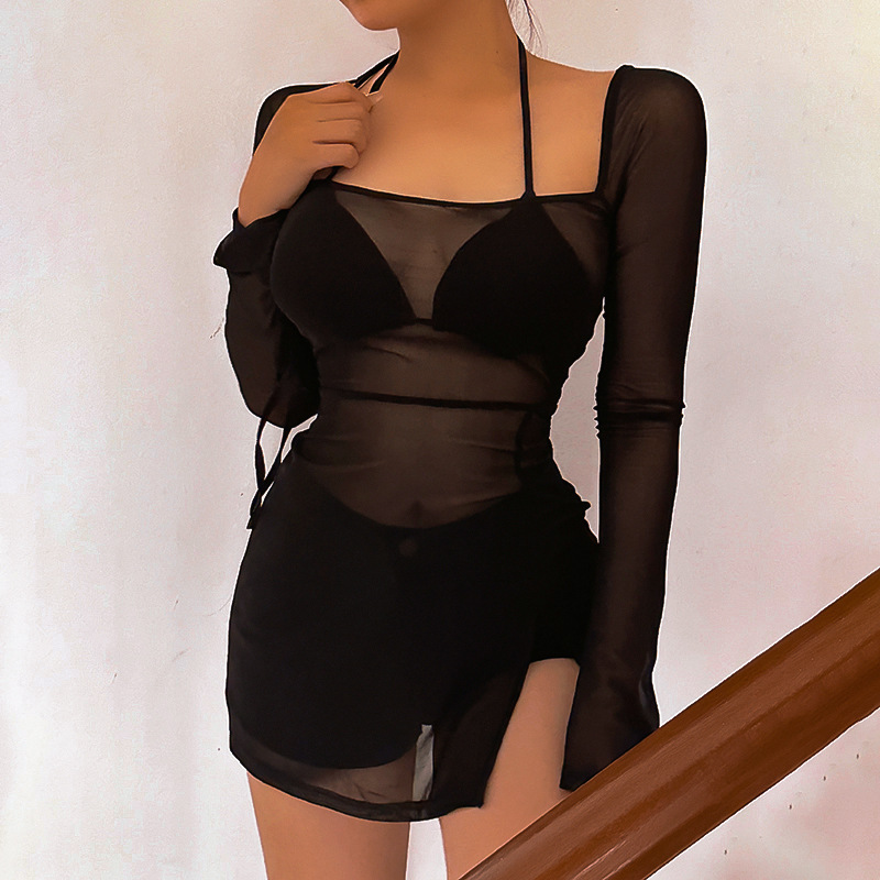 Q23DS068 European and American women's 2023 spring and summer new net mesh long sleeve split short dress wholesale women