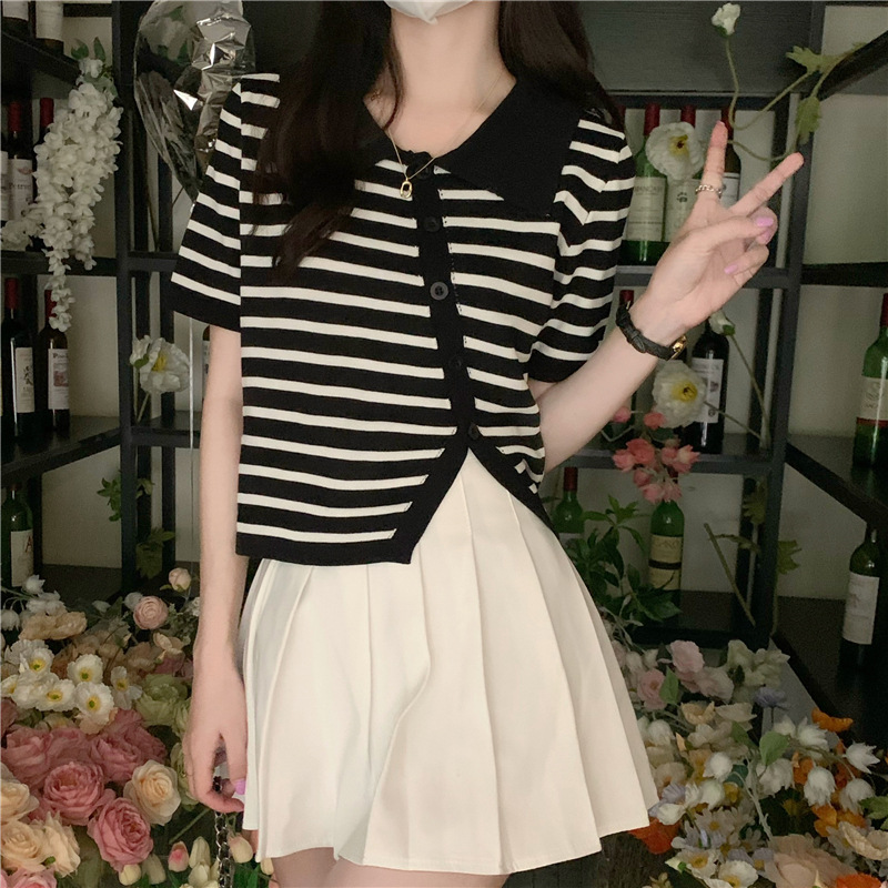 polo collar knitted cardigan short-sleeved T-shirt women ins summer  new Korean style striped irregular slit top