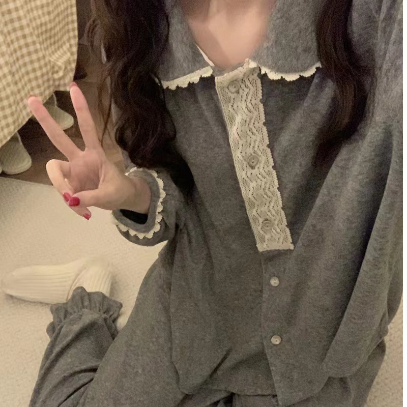 Live Spring and Autumn New Pajamas Women's Long-sleeved Thin Loose Women's Lace Home Clothes Internet Celebrity Two-piece Outfit