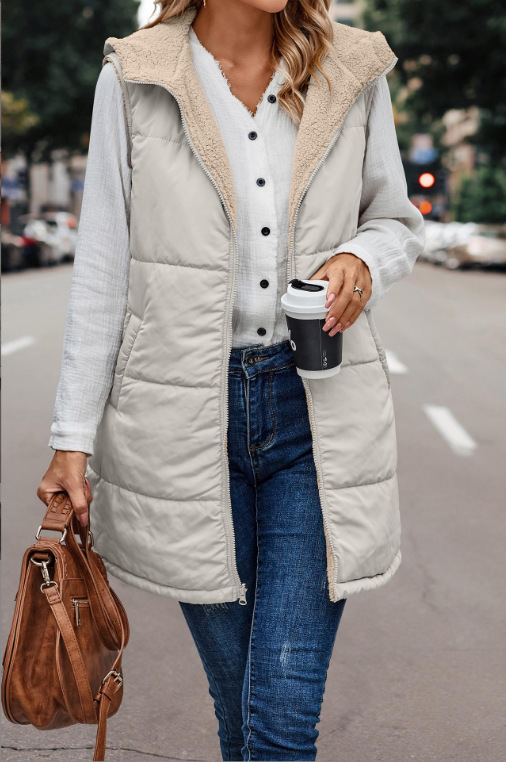 In stock 2023 new European and American solid color hooded cotton-padded vest double-sided warm cardigan windproof coat_voghion.com
