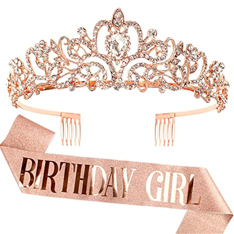 European and American fashion gold pink belt birthday girl birthday belt Crown suit Crystal headdress hair accessories wholesale