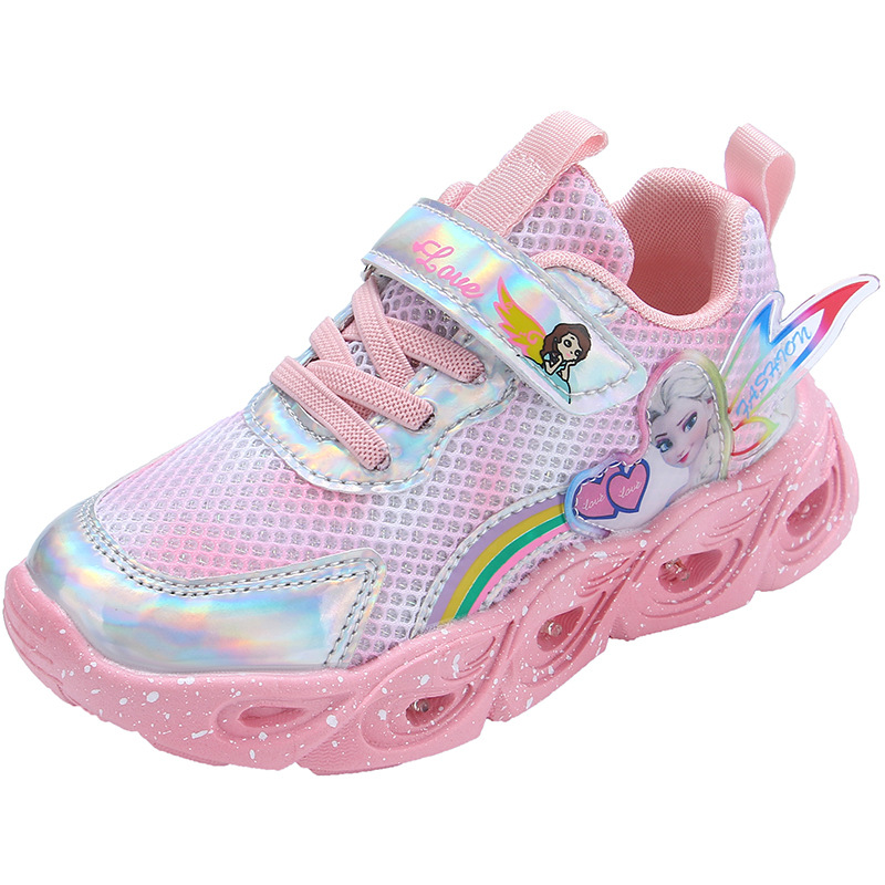Girls Shoes with Light 2022 Autumn New Mesh Breathable Shoes Leather Shoes Girls Sneakers Princess Shoes