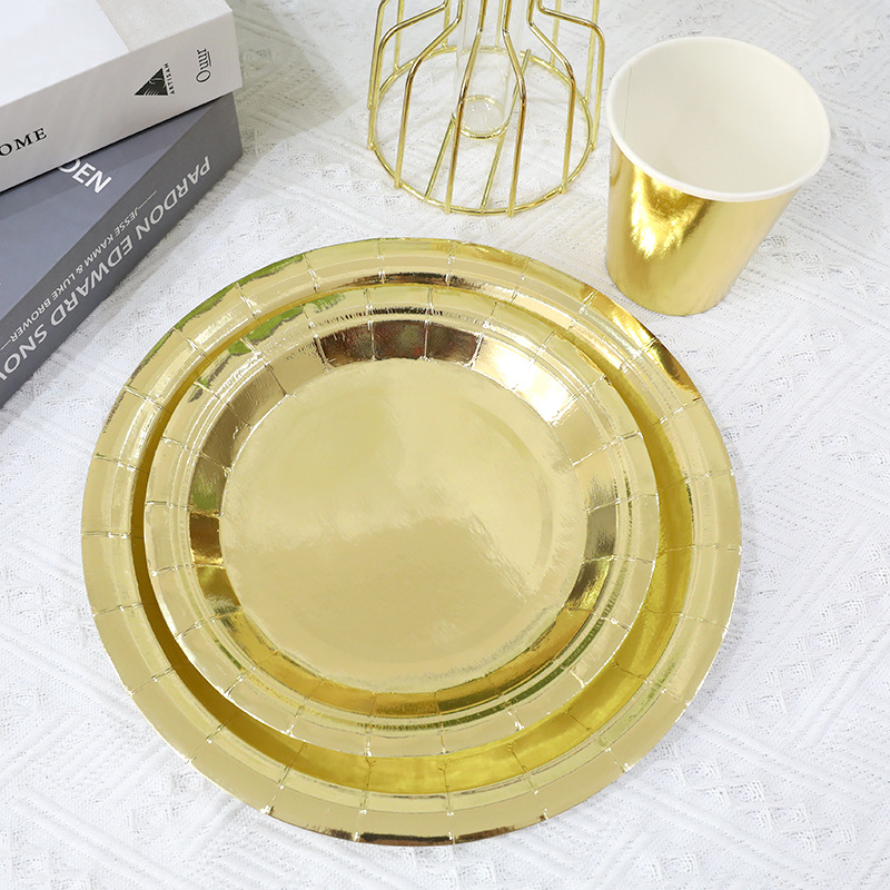 Cross Border Plate Bronzing Gold Disposable Tableware Paper Plate Paper Cup Set Rose Gold Holiday Birthday Party Supplies
