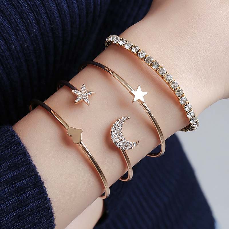 時尚百搭款女士合金星星月亮滿鑽爪鏈開口手鐲手鍊4件套 Bracelet