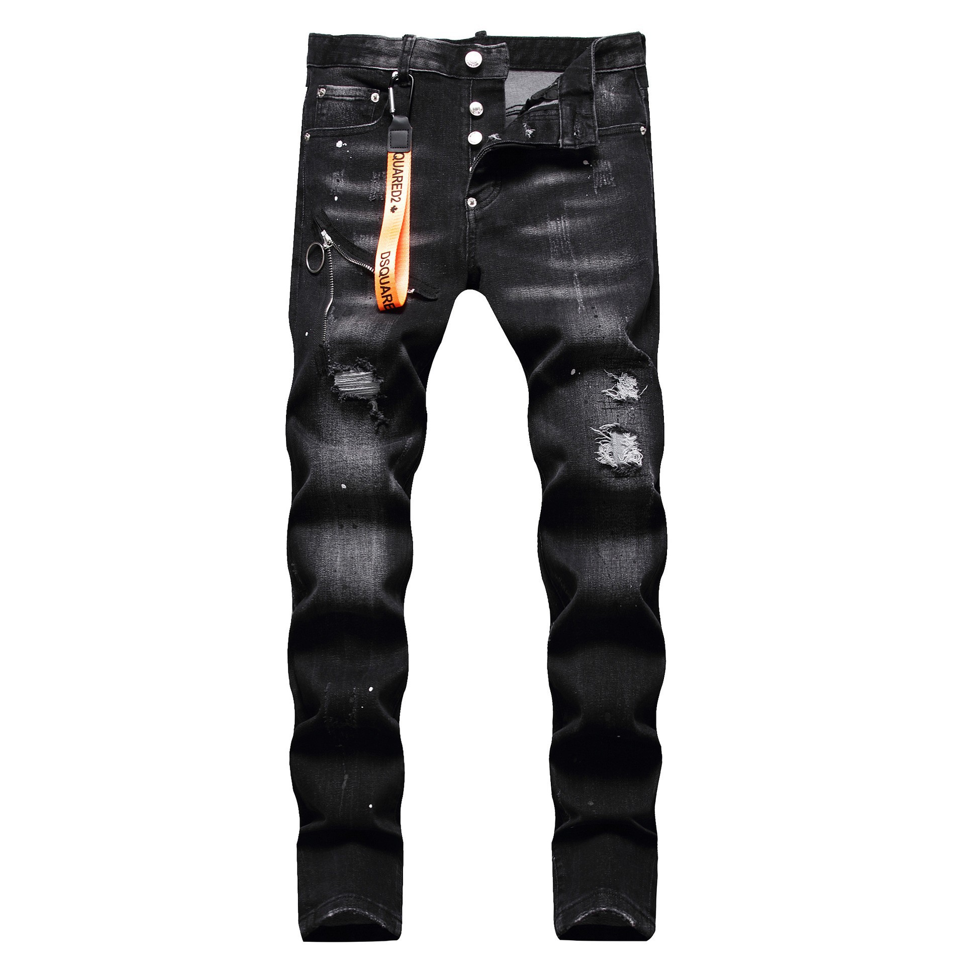 European and American fashion brand Dsq2 fashion black Gray elastic paint point decoration zipper lanyard hole patch jeans men