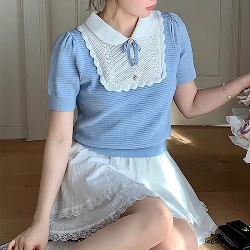 2024 Summer New French KniTwear ShorT-sleeved T-shirT Women's Doll Collar Bow Top SweeT Age ReducTion