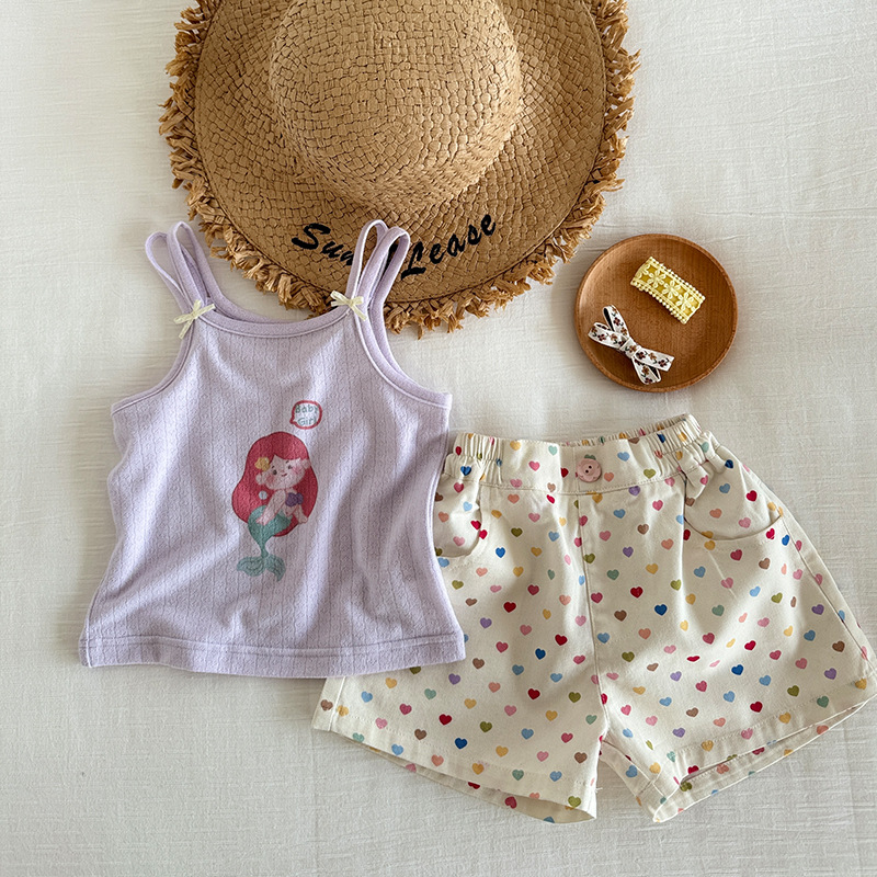 2024 New Summer Children and Girls Korean Style Pastoral Girl Style Color Love Printed Twill Shorts