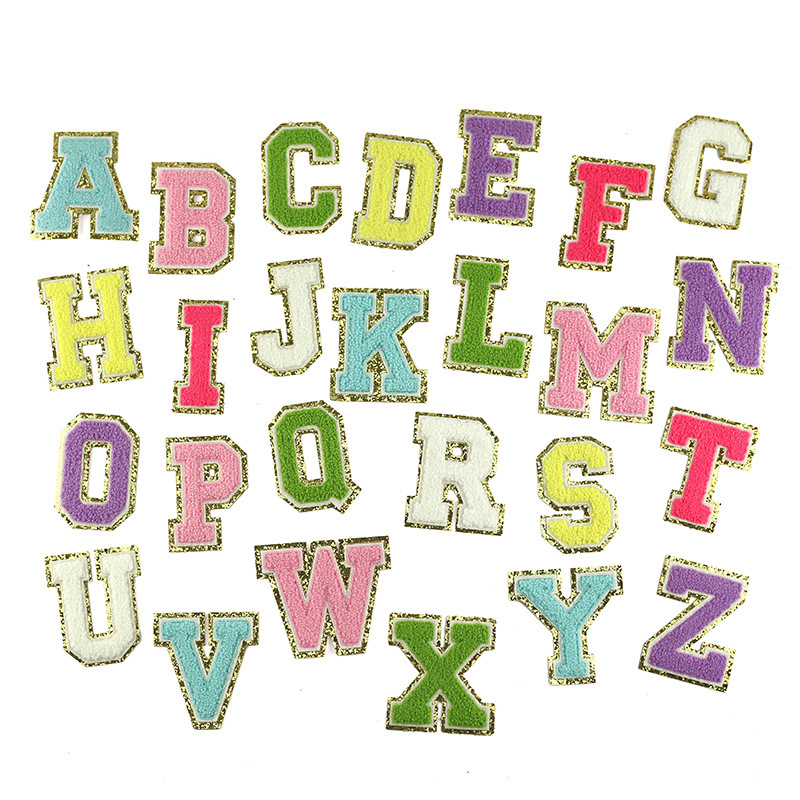 26 English Letters Towel Embroidered Color Self-adhesive Computer Embroidered Stamp Patch Golden Glitter Embroidered Cloth Patch