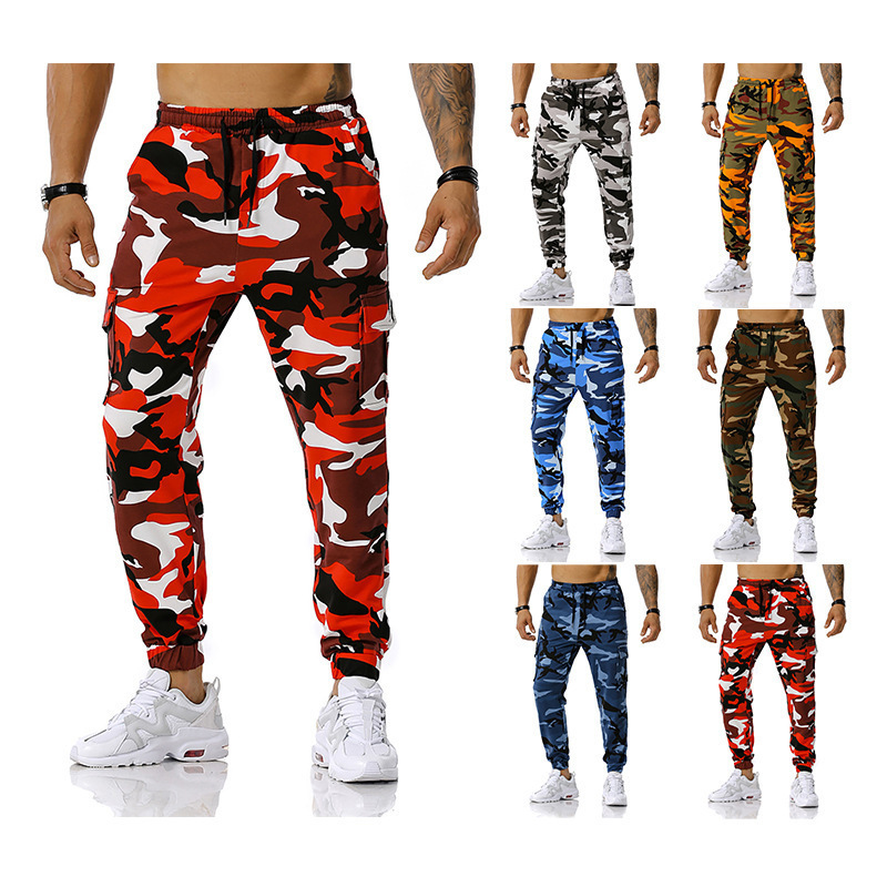 2023 foreign trade new European size men's stitching camouflage jogging pants outdoor sports pants football training pants fitness pants