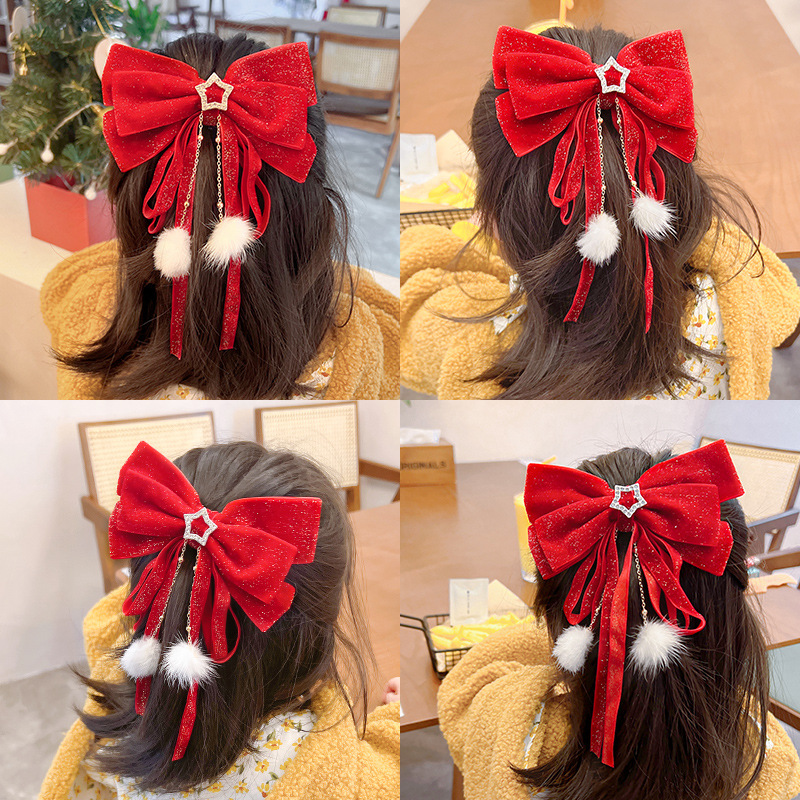 New Year festive red bow gold velvet stars hairpin hair accessories hair ball tassel headwear top clip women Wholesale
