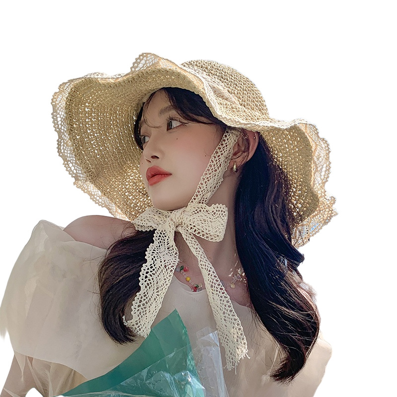 Straw Hat ins Korean Style Lace-up Hollow Straw Hat Women's Summer Travel Sunscreen Beach Sun Hat Lace Sunshade Hat