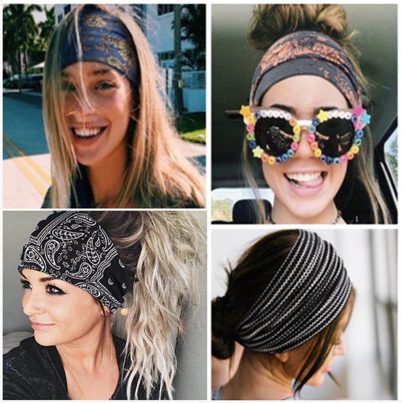 European and American sports hair band women's yoga print elastic hair band Amazon bohemian wide-brimmed turban hair accessories