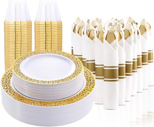 175-piece set of foreign trade tableware disposable tableware Phnom Penh hollow plate silver wine glass knife fork spoon PS hard plastic plate