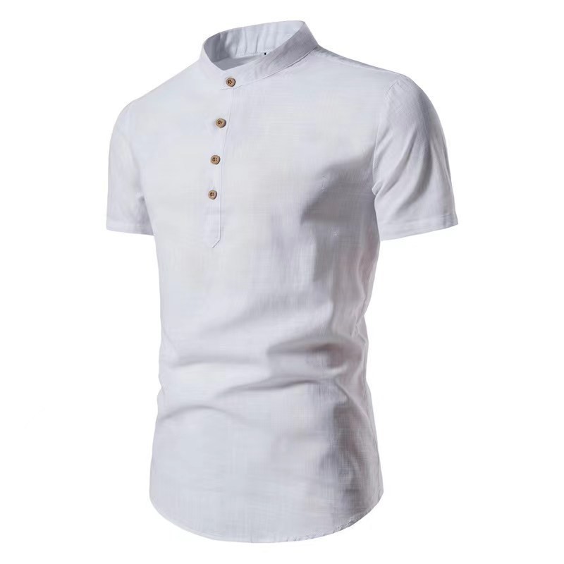 2024 shirt men's fashion slim-fit solid color short-sleeved business stand collar cotton and linen half-open men's shirt