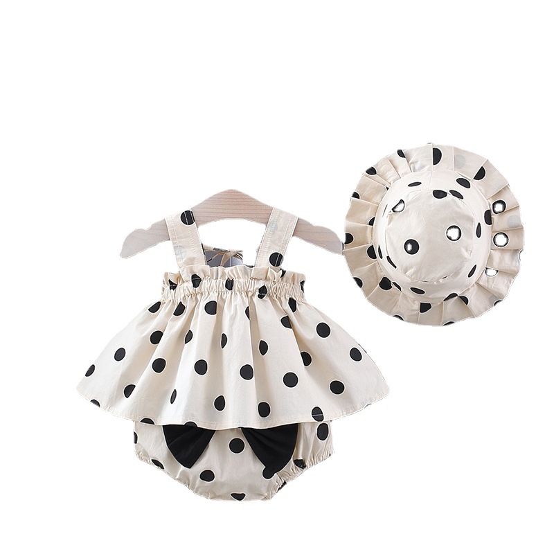 Summer New Fashion Girl Baby 3-piece Set European and American Polka Dot Sling Dress Panties Bow Sun Hat