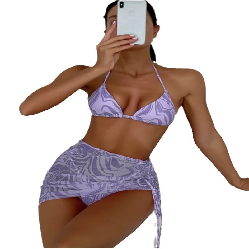 2022 new foreign trade fluid pattern three-piece bikini swimsuit bikini