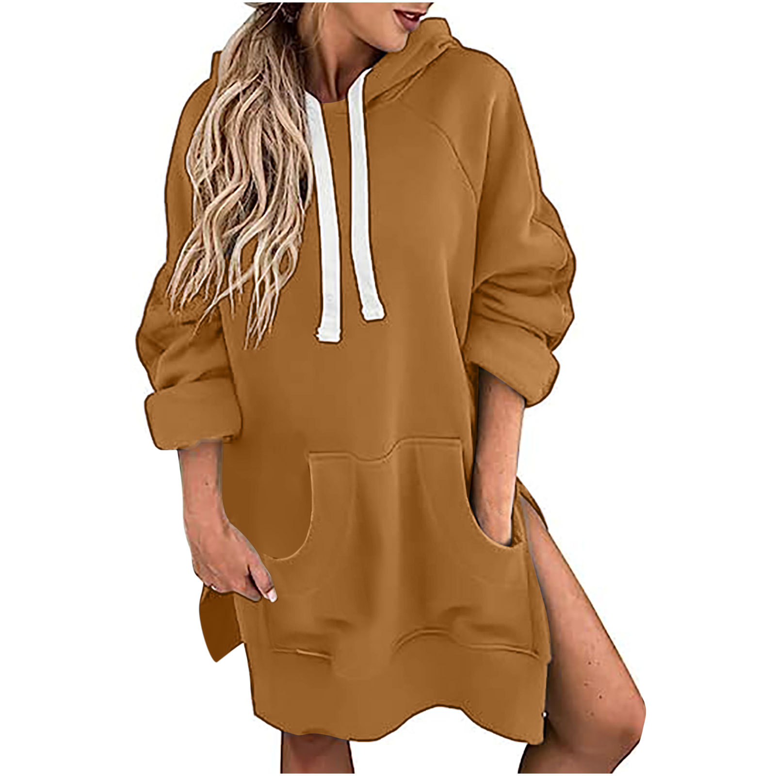 Amazon cross-border European and American popular Loose Women's sweater autumn long sleeve solid color pullover hooded drawstring top for women
