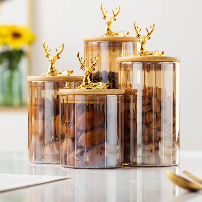 Deer head Nordic glass sealed jar food grade household tea tangerine peel storage jar with lid grain grain collection
