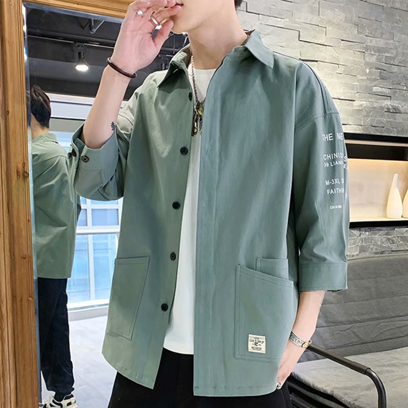 Men's Shirt Seven-point Sleeve Summer Loose Short-sleeved Shirt Hong Kong Style Japanese Style Shirt Summer Thin Casual Coat Trendy