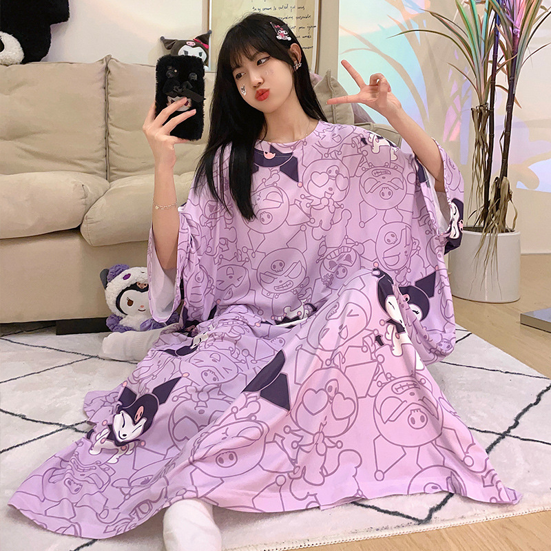 Women's plus size nightgown summer short-sleeved ice silk cotton extra long ankle-length Japanese style simple fat mm 300 pounds loose pajamas