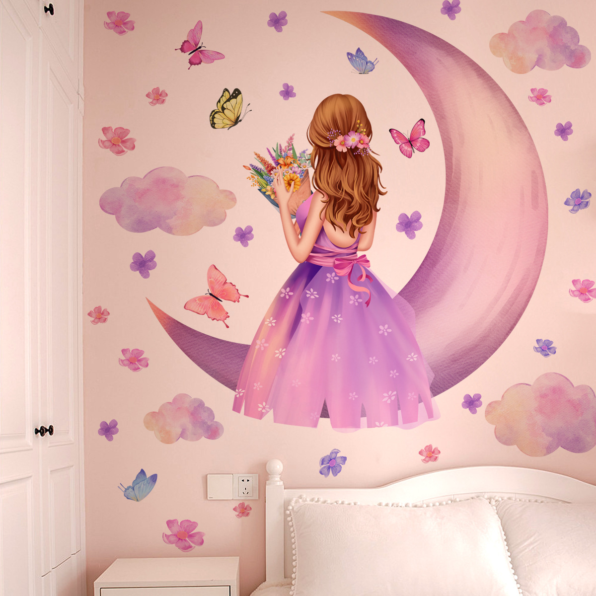 MS8618 New Moon Girl Bouquet Star Butterfly фон декоративная настенная наклейка для спальни девушки самоклеящаяся Настенная Наклейка