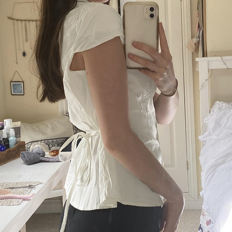 ins American Style Light Mature Niche Design Pleated Lapel Waistband Solid Color Short-sleeved Slim-fit Commuter Shirt for Women