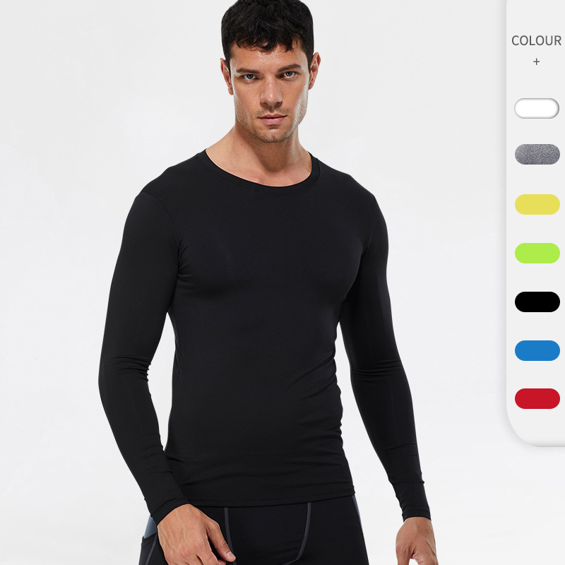 Solid Color Men's PRO Fitness Sports Running Tight T-Shirt Elastic Sweat-wicking Quick-drying Long-sleeved Shirt Clothes 4002