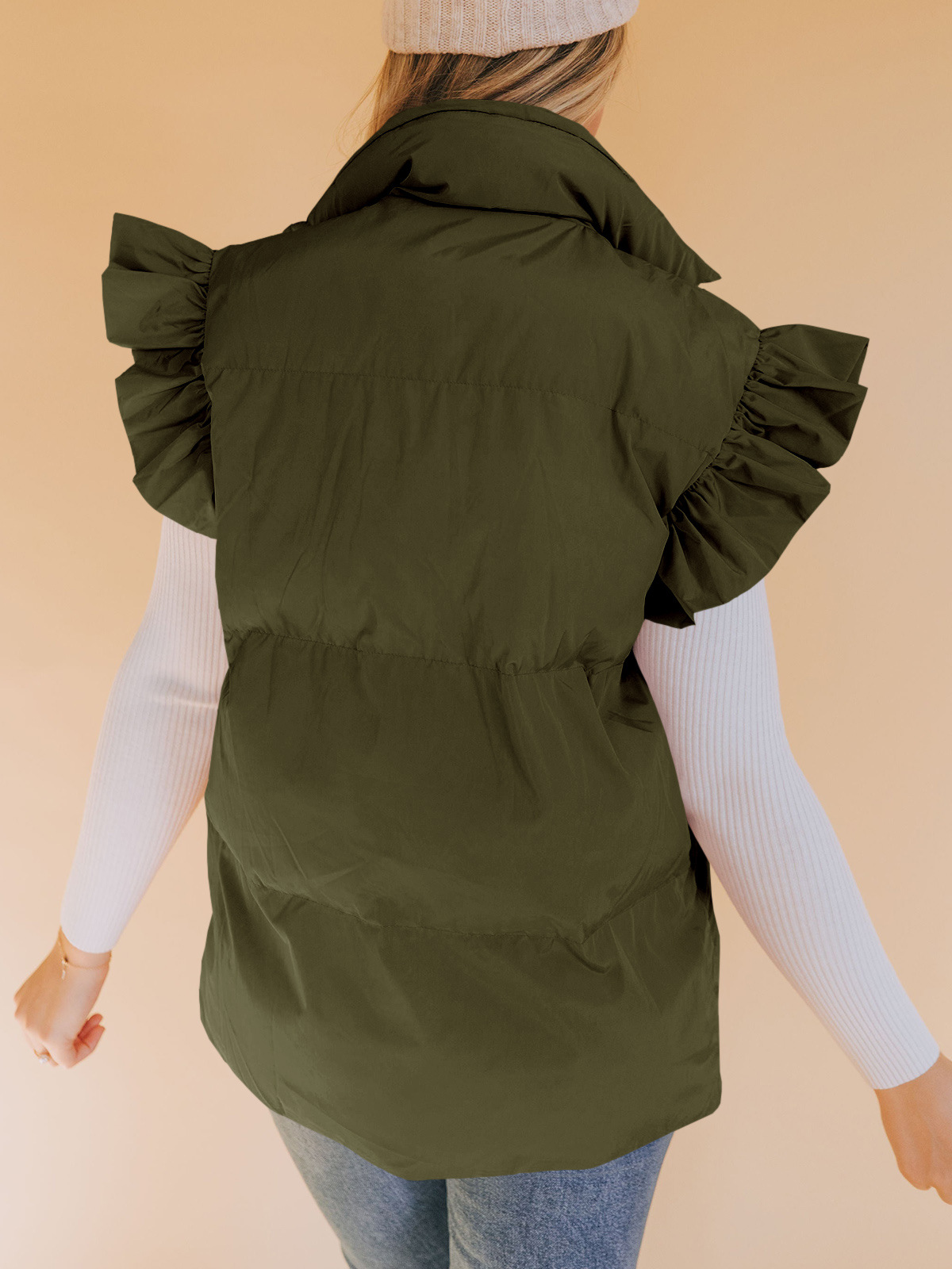 Grenzüberschreitende europäische und amerikanische Herbst- und Winterneuheiten mit lockerer Tasche und Baumwollpolsterung, fliegende Ärmel, elegante Weste, Stehkragen, Mode, Einreiher_voghion.com