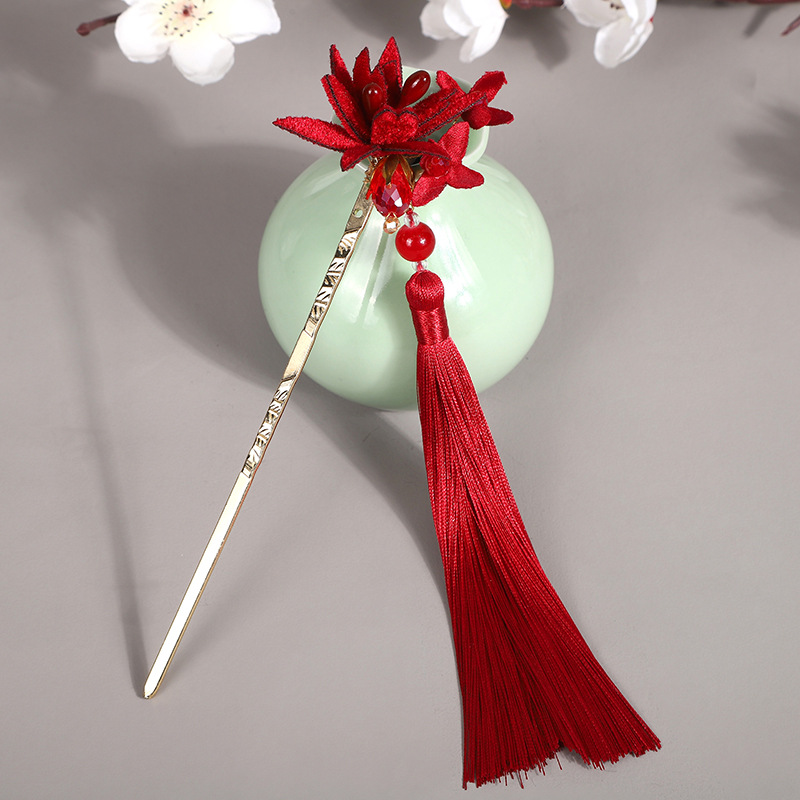 Ancient style red tassel hairpin hair accessories Hanfu headdress velvet flower updo vintage hairpin simple cheongsam alloy hairpin