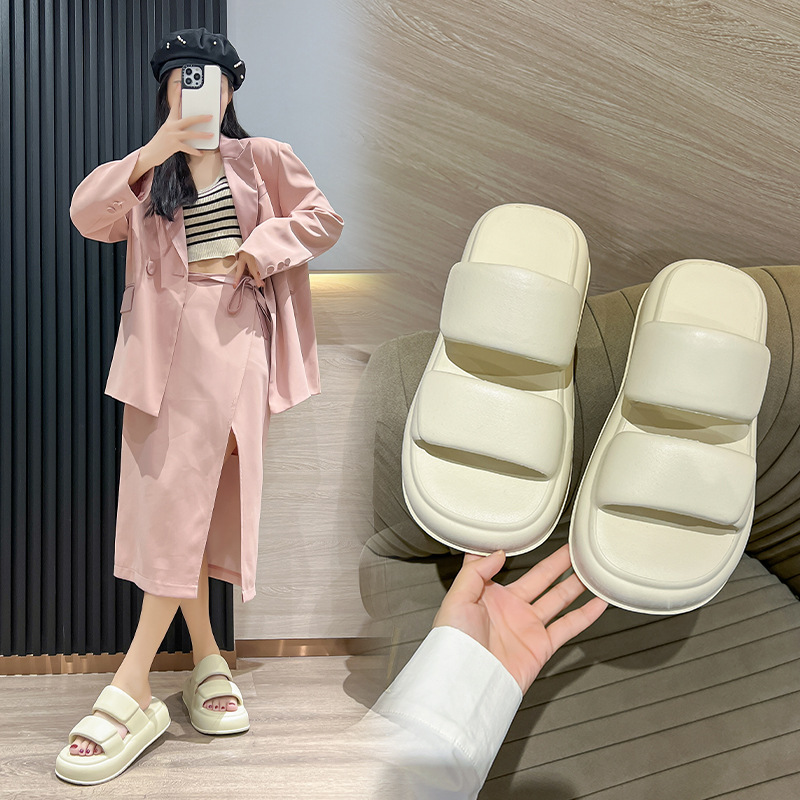 Summer New Solid Color Outdoor Slip-on Feeling Sandals Thick Slippers Women's Fashionable Double Strip Outer Wear Sandals in Stock