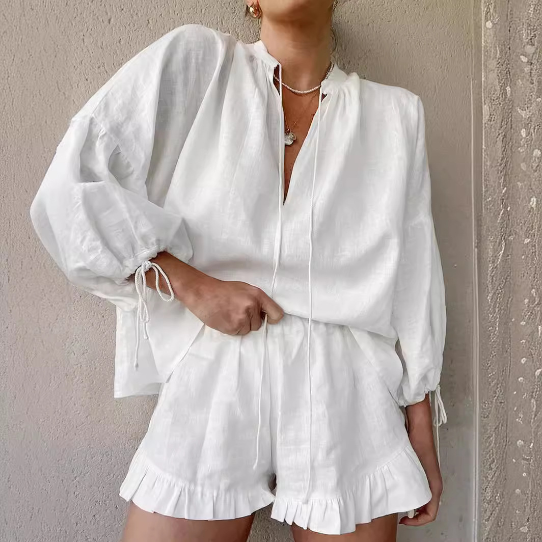 Fashion Cotton Linen Solid Color Loose V-neck Lantern Sleeve Shorts Two-piece Set Summer All-match Sexy Lace-up High Waist Suit
